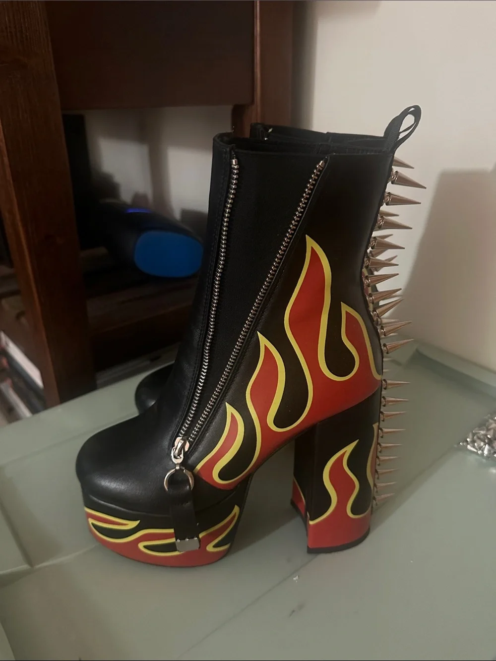 Black Flame Platform Spike Ankle Boots - Women's